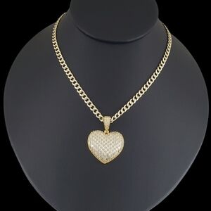 14K Gold Heart Pendant Cuban Chain Necklace